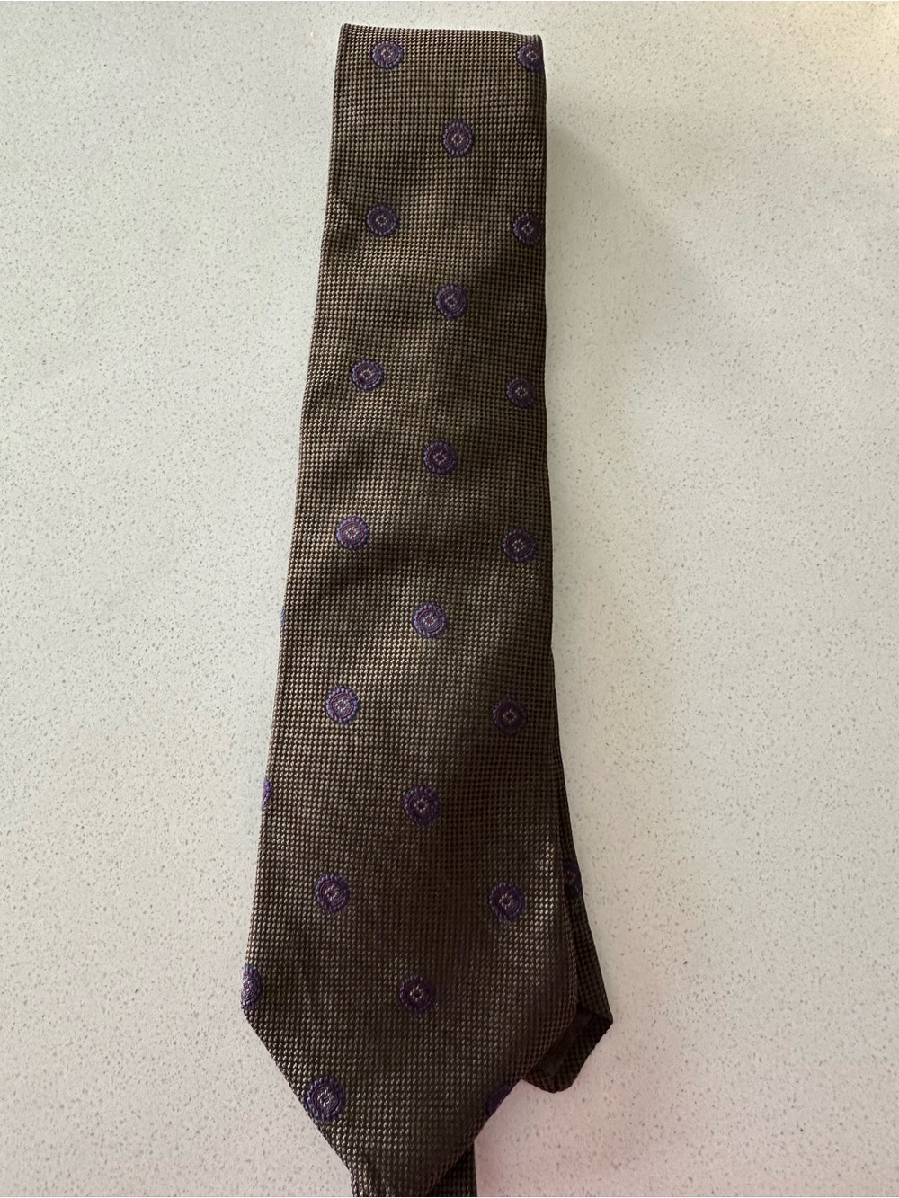 Lanvin Olive Brown Tie with Purple Medallions